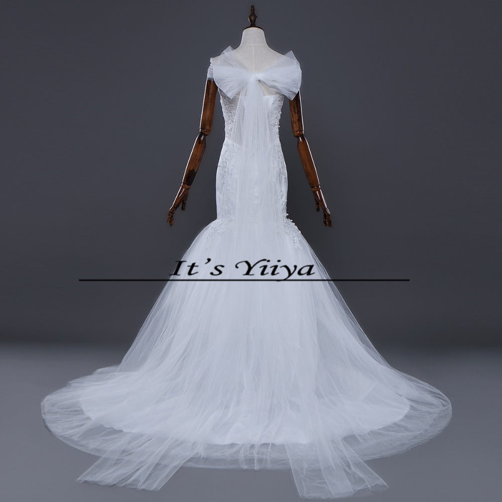 Free shipping 2016 new quality white Boat Neck Mermaid Trailing Vestidos De Novia Train Wedding Gowns Lace up Bride Frocks D95