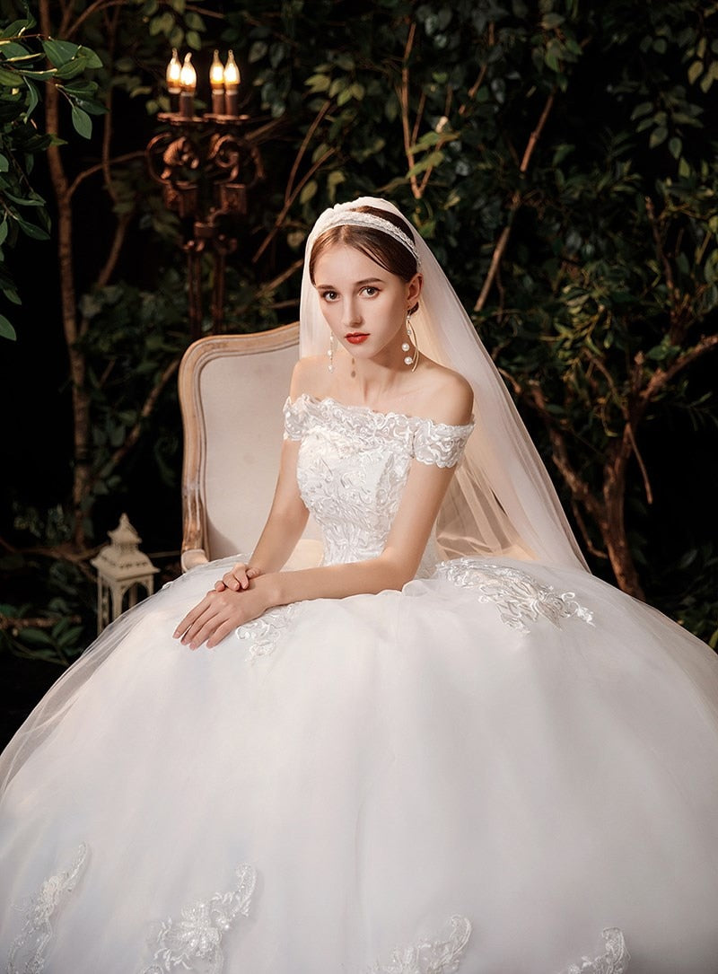 Princess Ball Wedding Dresses Off Shoulder Lace Long Sleeves Applique Bride  Gown | eBay