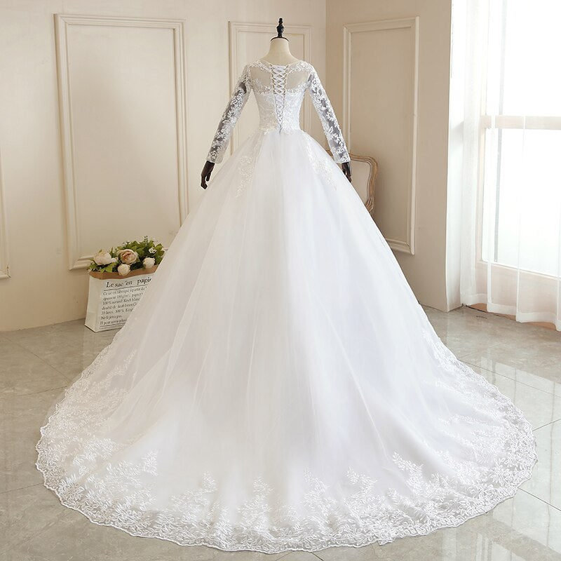 Pure White Full Sleeve Wedding Dress With Train Princess Luxury Wedding Dress