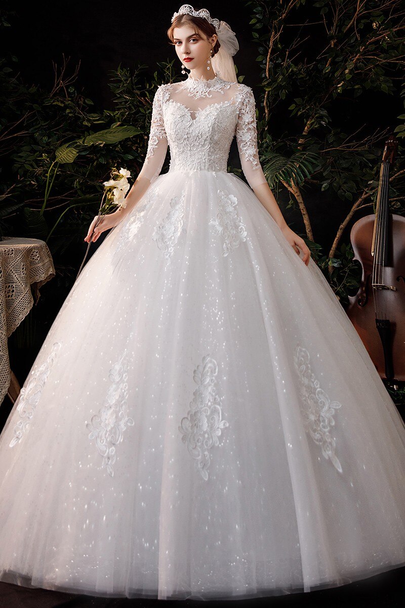 High Neck Wedding Dress Three Quarter Sleeve Lace Up Ball Gown