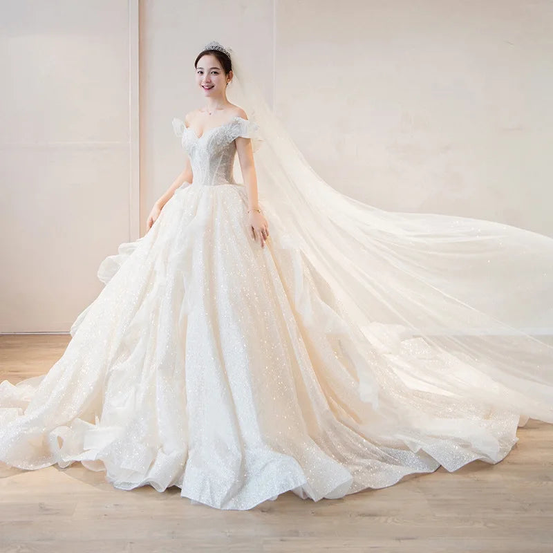 Boat Neck Wedding Dress Luxury Lace Embroidery Bridal Ball Gown Classic Off The Shoulder
