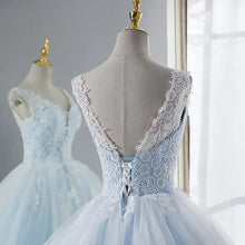 Load image into Gallery viewer, Sky Blue Inner With Double Lace Ruffle Deep V-neck Backless A-line Bridal Dress

