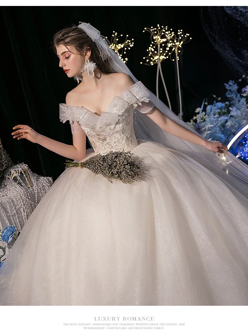 Lace Appliques Sweet Elegant Off Shoulder Sequined Bride Princess Gowns