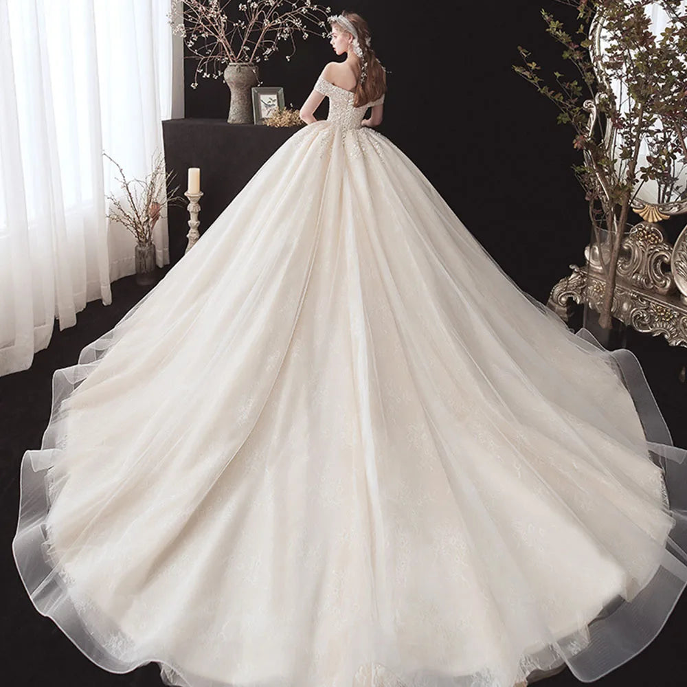 Flowers Beading Sequins Lace Short Sleeve Wedding Gowns