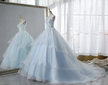 Load image into Gallery viewer, Sky Blue Inner With Double Lace Ruffle Deep V-neck Backless A-line Bridal Dress
