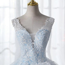 Load image into Gallery viewer, Sky Blue Inner With Double Lace Ruffle Deep V-neck Backless A-line Bridal Dress
