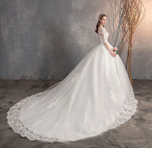 Load image into Gallery viewer, Lace Embroidery Half Sleeve Wedding Dresses Long Train Wedding Gown Belt V Neck Elegant
