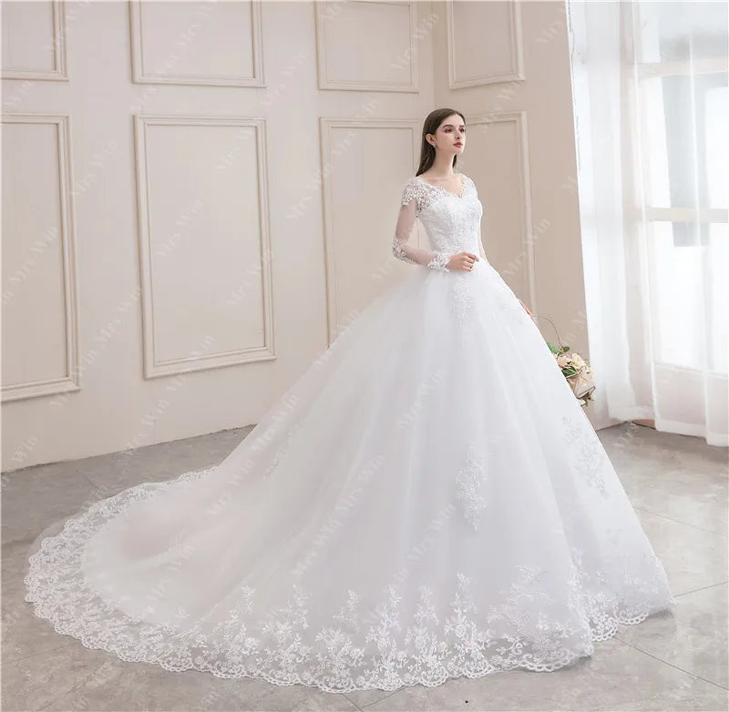 Full Sleeve Sexy V-neck Bride Floor Dress