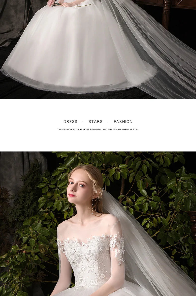 Simple Large Long Sleeve Wedding Dress O-neck Tulle Bridal Dress