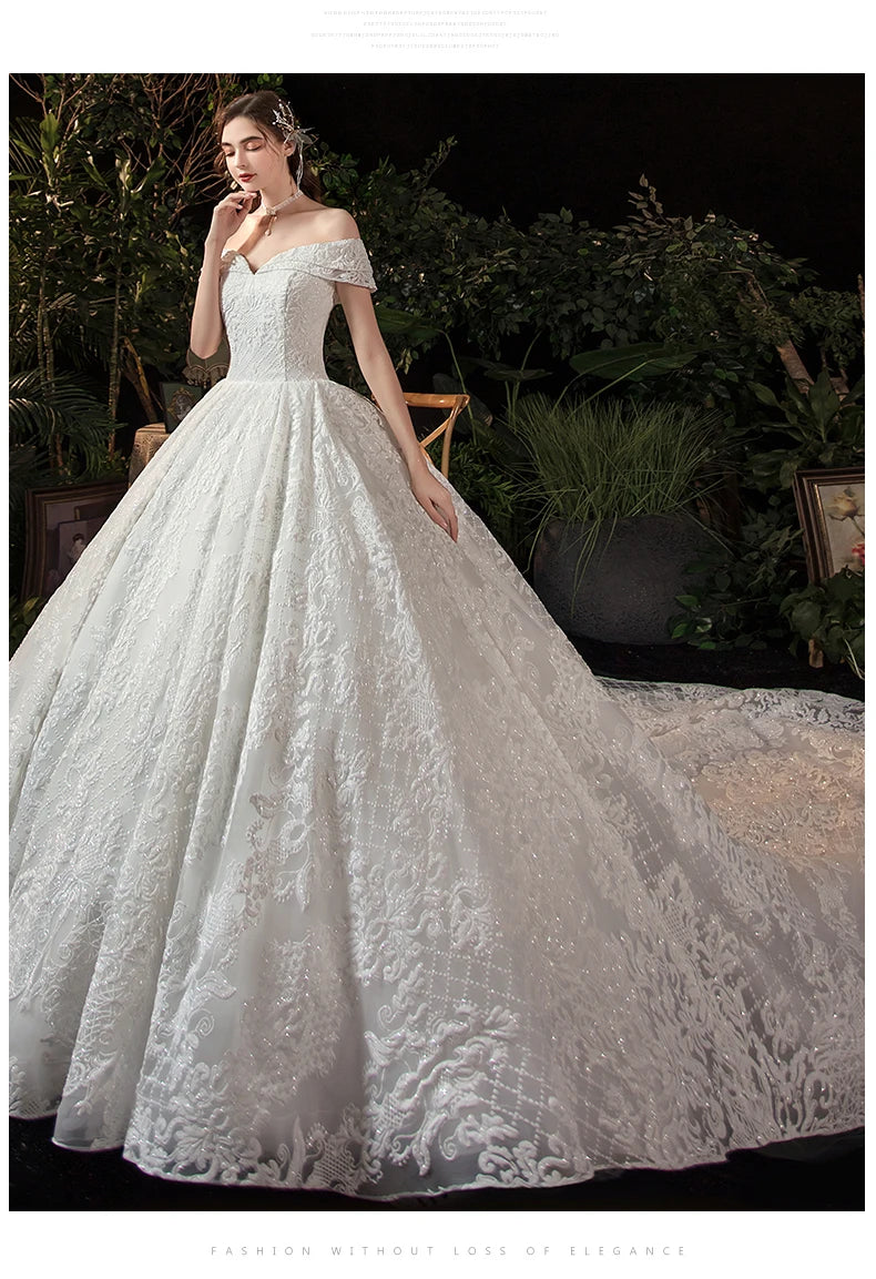 Glitter White Long Lace Sequin Royal Train Bride Gowns