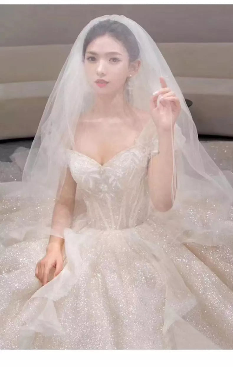 Boat Neck Wedding Dress Luxury Lace Embroidery Bridal Ball Gown Classic Off The Shoulder