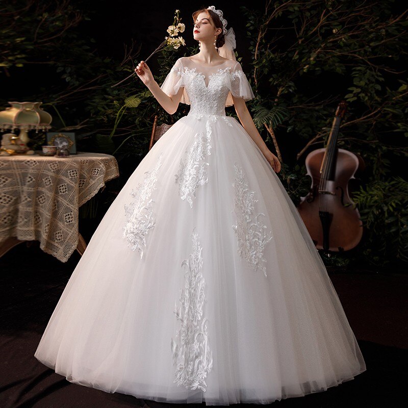 Short Sleeve Lace Wedding Dresses Luxury Bridal Lace Up Ball Gown