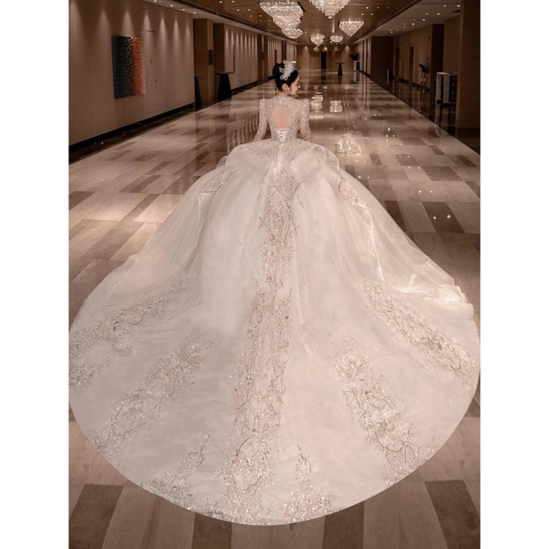 Long Train Wedding Dress Ball Gown Long Sleeve Winter Beading Wedding Gowns