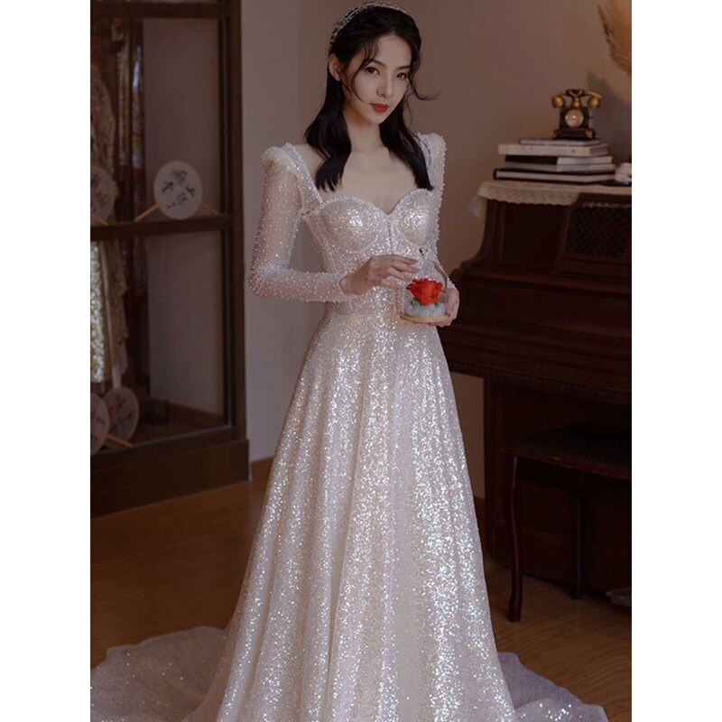 Long Sleeve Sweatheart Neck A Line Wedding Dress