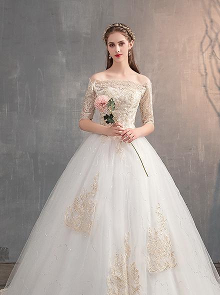 Off The Shoulder Half Sleeve Wedding Gown Lace