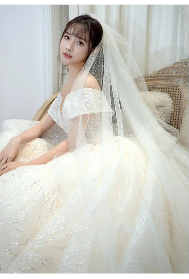 Luxury Sequins Wedding Dress Classic Boat Neck Bridal Gown Off The Shoulder