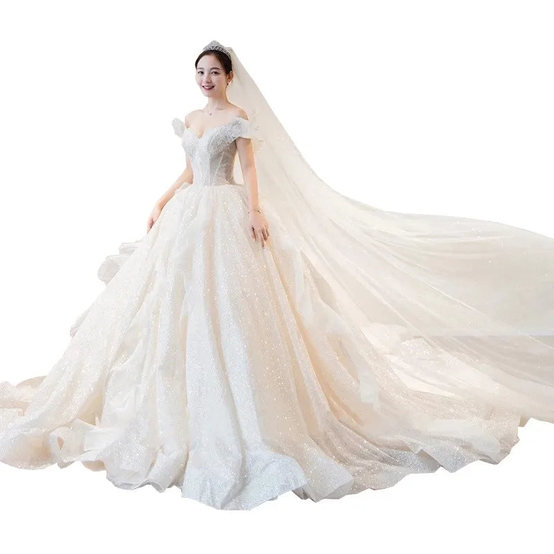 Boat Neck Wedding Dress Luxury Lace Embroidery Bridal Ball Gown Classic Off The Shoulder
