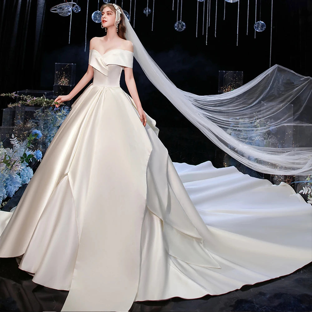 Off The Shoulder Short Sleeve Lace Back Back Best France Satin Wedding Dresses A-Line Simple