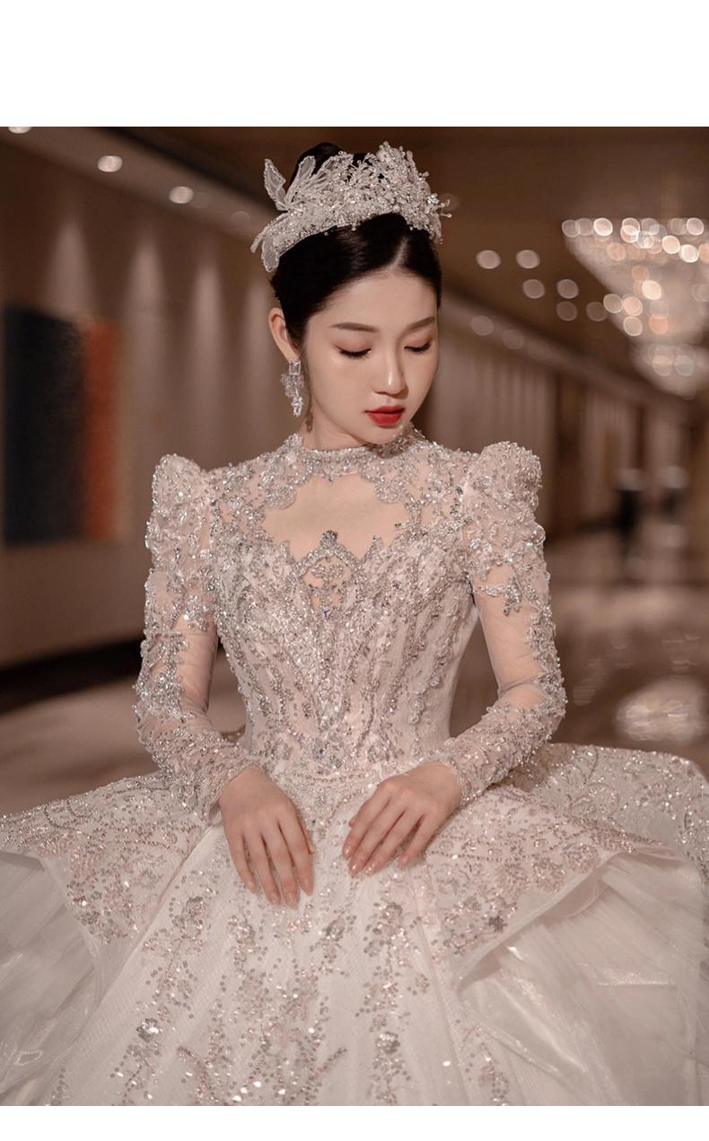 Long Train Wedding Dress Ball Gown Long Sleeve Winter Beading Wedding Gowns