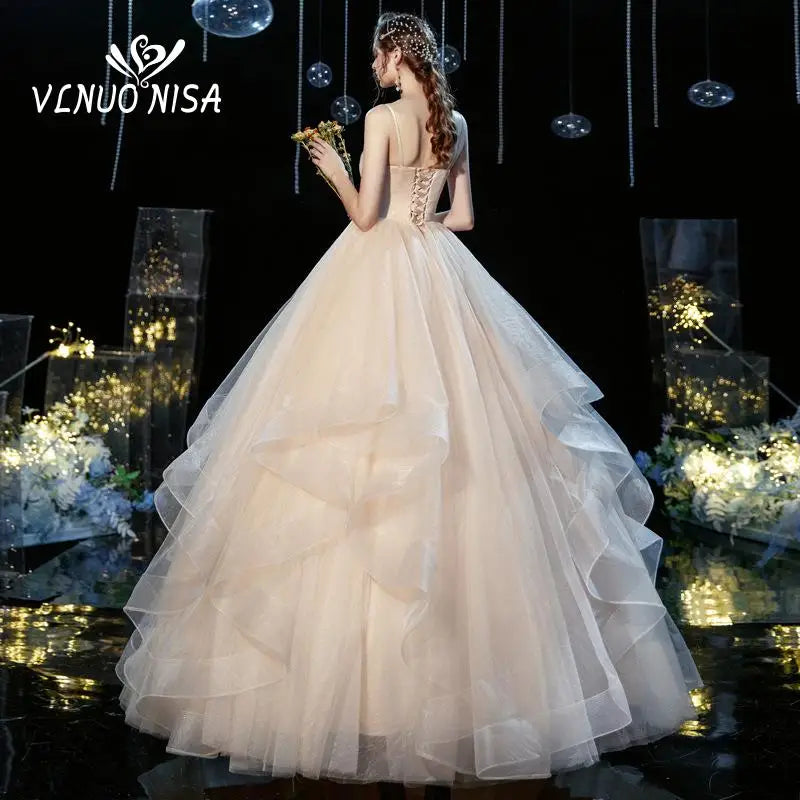 Wedding dress Sexy Deep V Neck Ball Gowns Spaghetti Straps Off White Champagne Tulle Bridal Dress