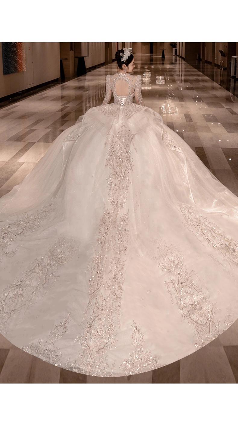 Long Train Wedding Dress Ball Gown Long Sleeve Winter Beading Wedding Gowns