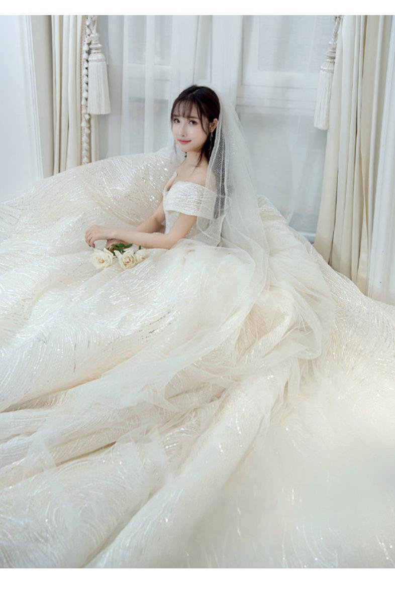 Shining Sequins Luxury Wedding Dress With Sweep Train Elegant Boat Neck Off The Shoulder Ball Gown