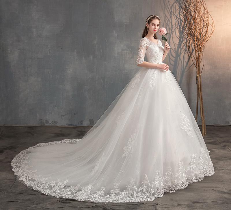Lace Embroidery Half Sleeve Wedding Dresses Long Train Wedding Gown Belt V Neck Elegant