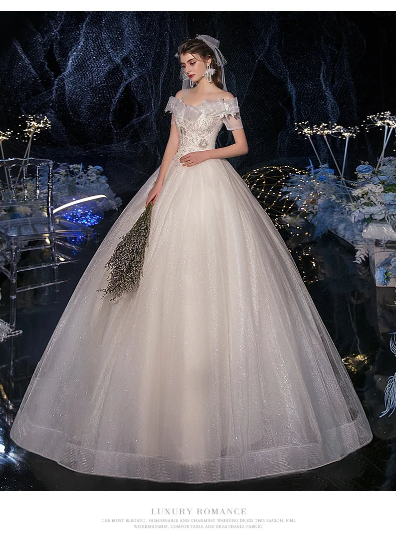 Lace Appliques Sweet Elegant Off Shoulder Sequined Bride Princess Gowns