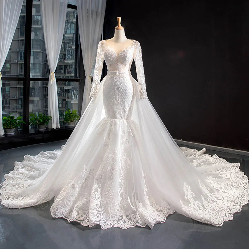 2 Pieces Appliques Lace Long Sleeve Wedding Mermaid Dress With Detachable Chapel Train