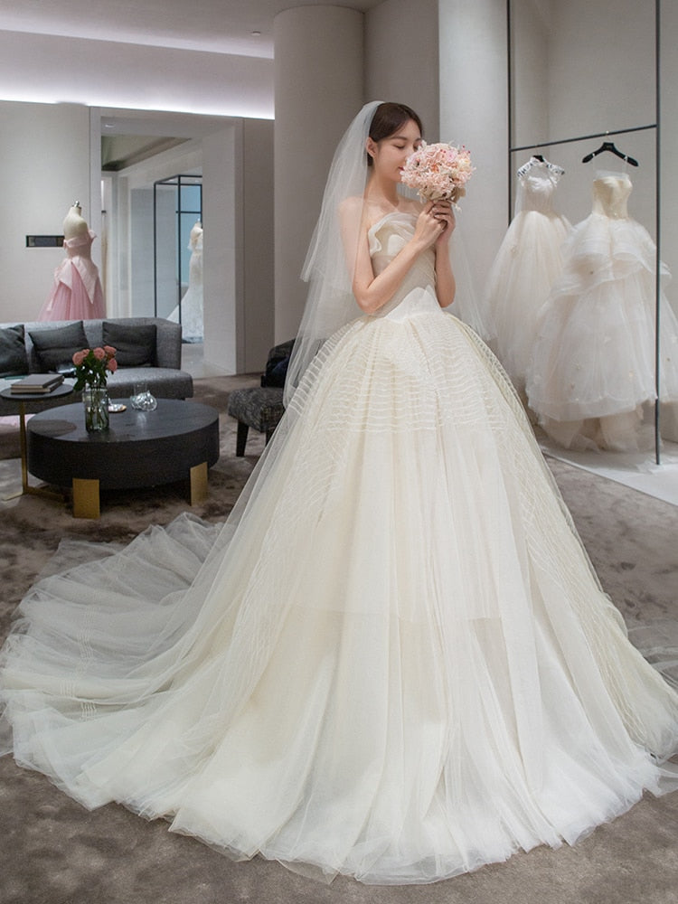 Simple Off The Shoulder Light Ball Gown Tulle Wedding Dress