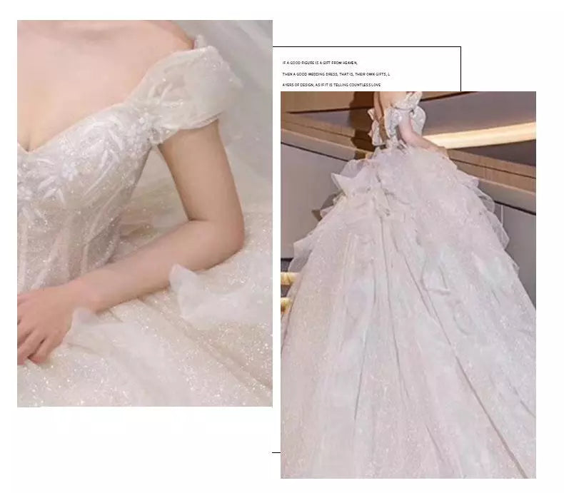 Boat Neck Wedding Dress Luxury Lace Embroidery Bridal Ball Gown Classic Off The Shoulder
