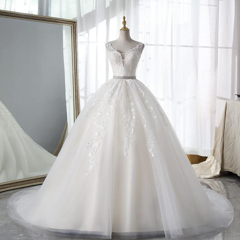 Champagne Wedding Dress With Trian Sexy V-neck Bridal Dress Backless Ball Gown