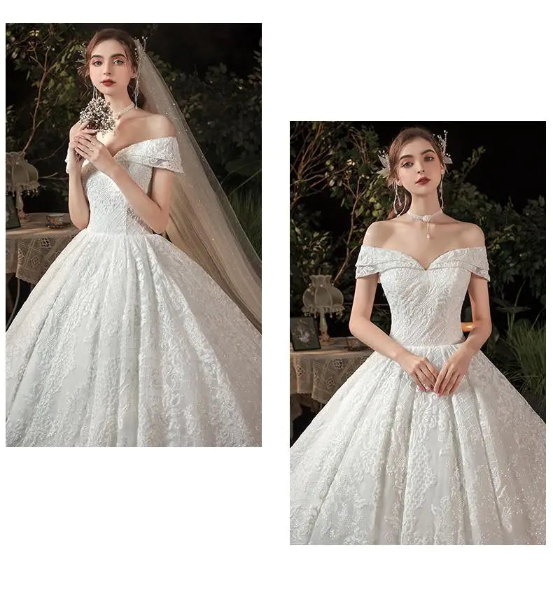 Glitter White Long Lace Sequin Royal Train Bride Gowns