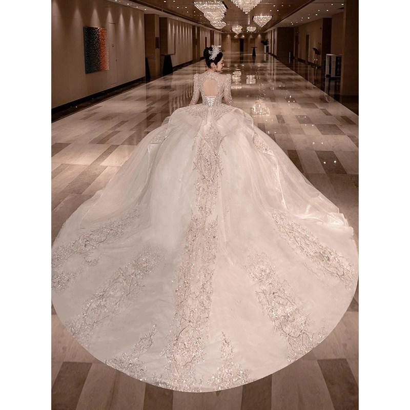 Long Train Wedding Dress Ball Gown Long Sleeve Winter Beading Wedding Gowns