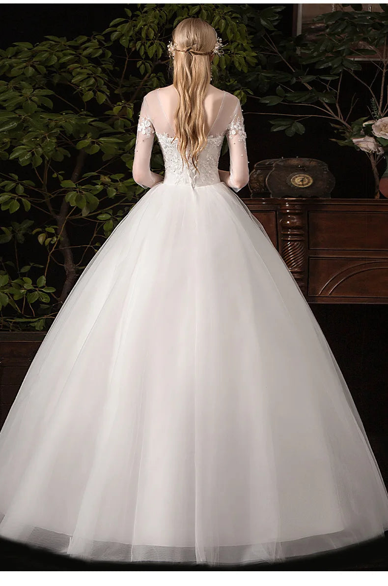 Simple Large Long Sleeve Wedding Dress O-neck Tulle Bridal Dress