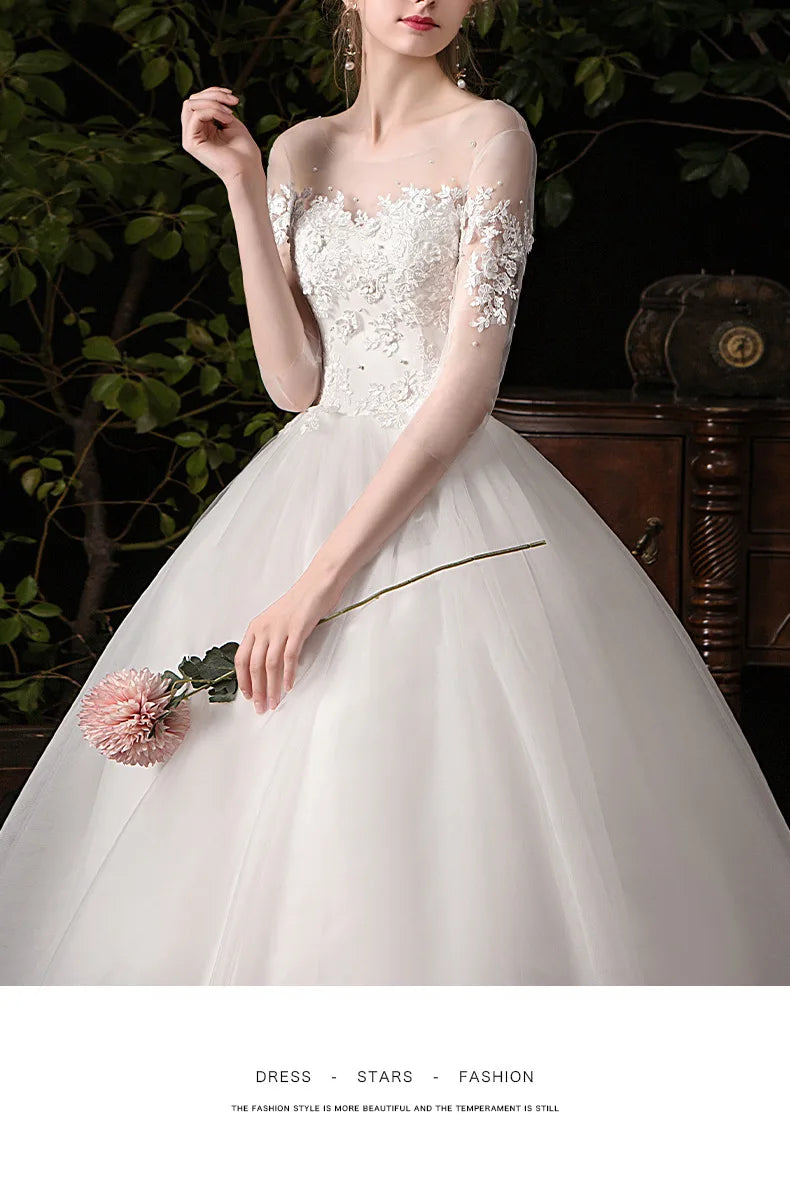 Simple Large Long Sleeve Wedding Dress O-neck Tulle Bridal Dress