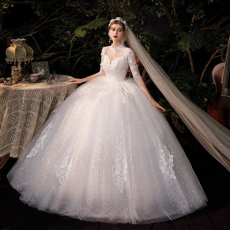 High Neck Wedding Dress Three Quarter Sleeve Lace Up Ball Gown
