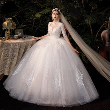 Load image into Gallery viewer, High Neck Wedding Dress Three Quarter Sleeve Lace Up Ball Gown
