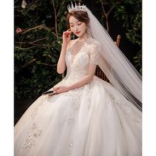 Load image into Gallery viewer, Luxury Handmade Custom Made Wedding Dress With Sweep Train Sexy V Neck Bridal Ball Gown Lace Beading Short Sleeve Dress
