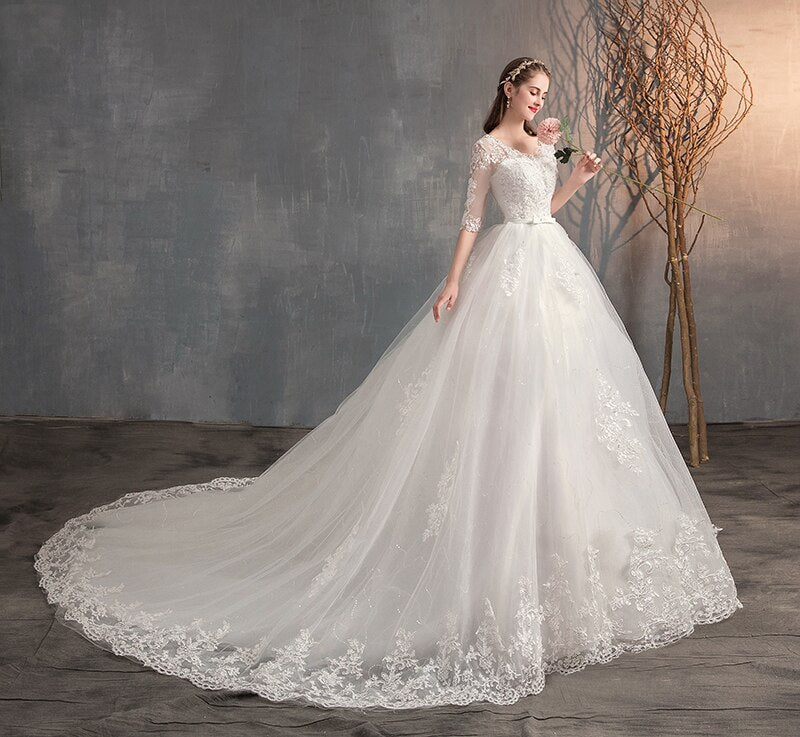Lace Embroidery Half Sleeve Wedding Dresses Long Train Wedding Gown Belt V Neck Elegant