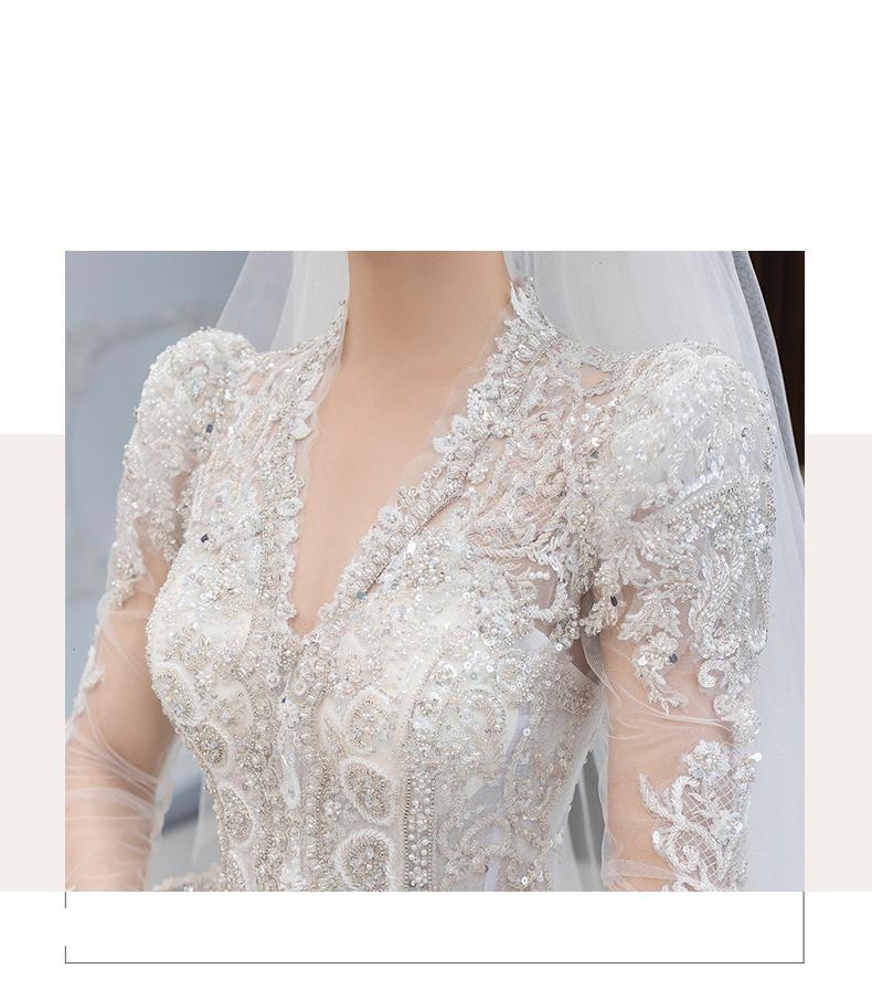 Long Sleeved Winter V Neck Luxury Long Sweep Train Beading Princes Wedding Gown