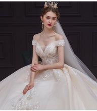 Load image into Gallery viewer, Luxury Handmade Boat Neck Wedding Dress With Train Lace Flower Bridal Dress Elegant Off The Shoulder Ball Gown Robe De Mariee
