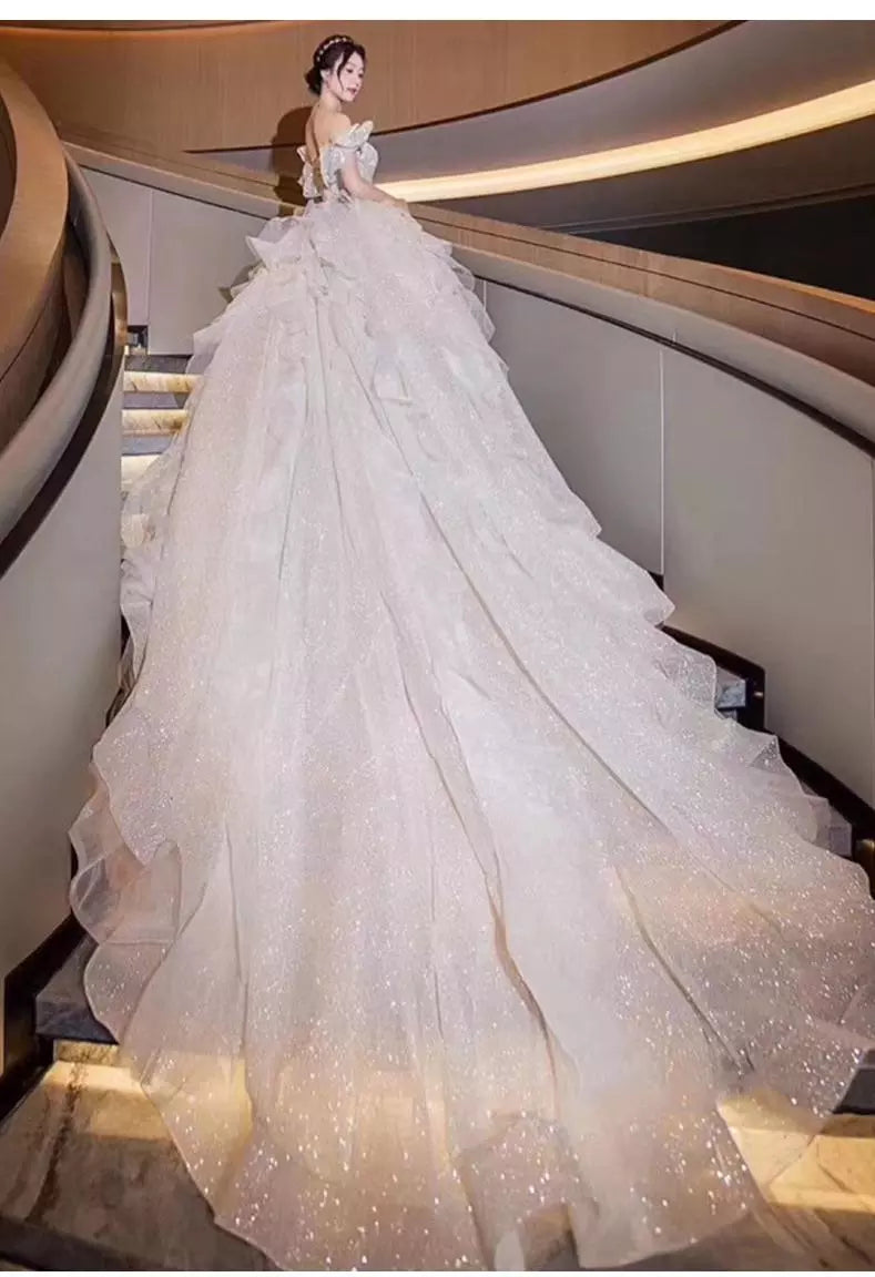 Boat Neck Wedding Dress Luxury Lace Embroidery Bridal Ball Gown Classic Off The Shoulder