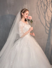 Load image into Gallery viewer, Lace Embroidery Half Sleeve Wedding Dresses Long Train Wedding Gown Belt V Neck Elegant
