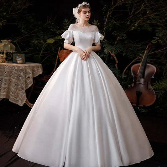 Satin Wedding Dress Puff Sleeve Classic O-neck Lace Up Ball Gown