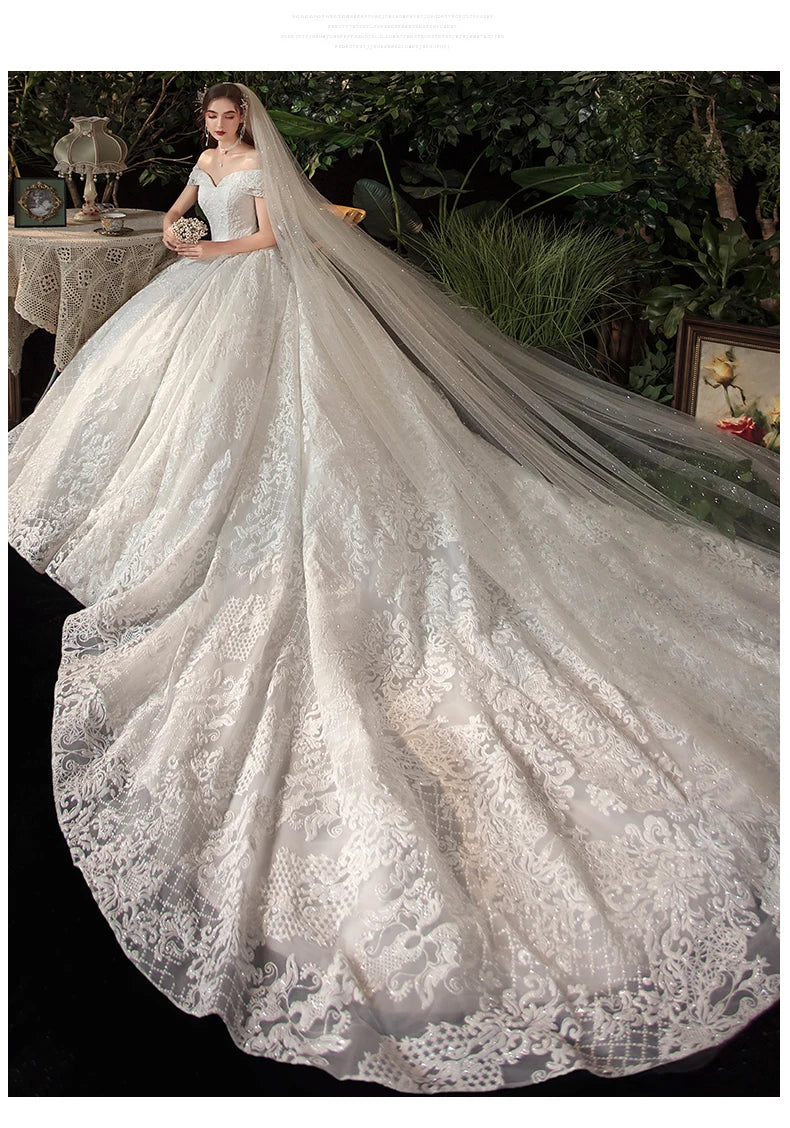 Glitter White Long Lace Sequin Royal Train Bride Gowns