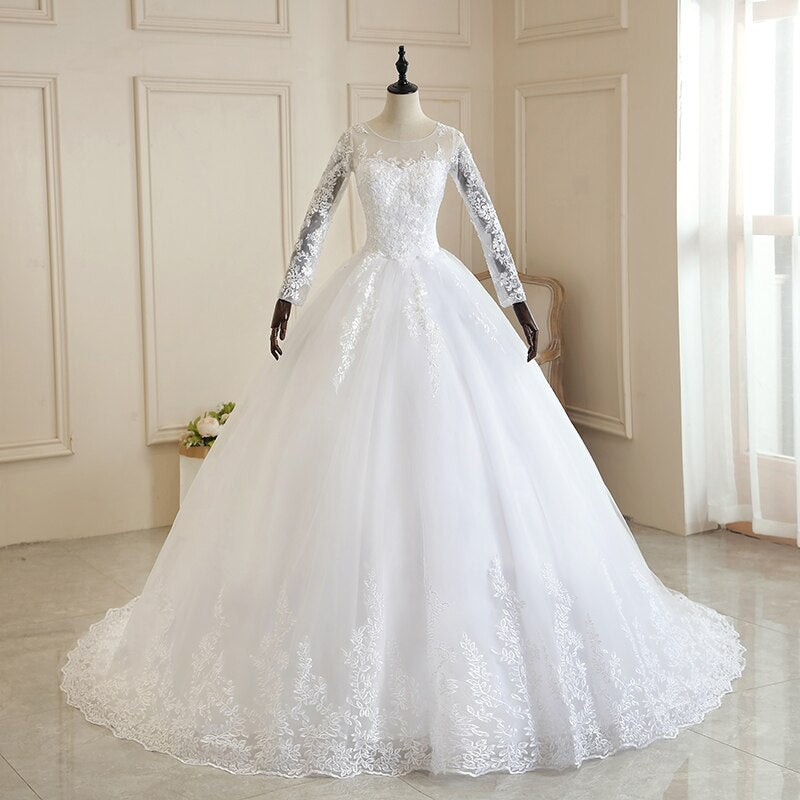 Pure White Full Sleeve Wedding Dress With Train Princess Luxury Wedding Dress