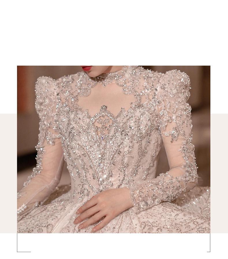 Long Train Wedding Dress Ball Gown Long Sleeve Winter Beading Wedding Gowns