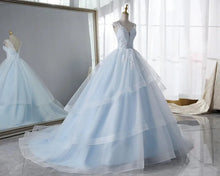 Load image into Gallery viewer, Sky Blue Inner With Double Lace Ruffle Deep V-neck Backless A-line Bridal Dress
