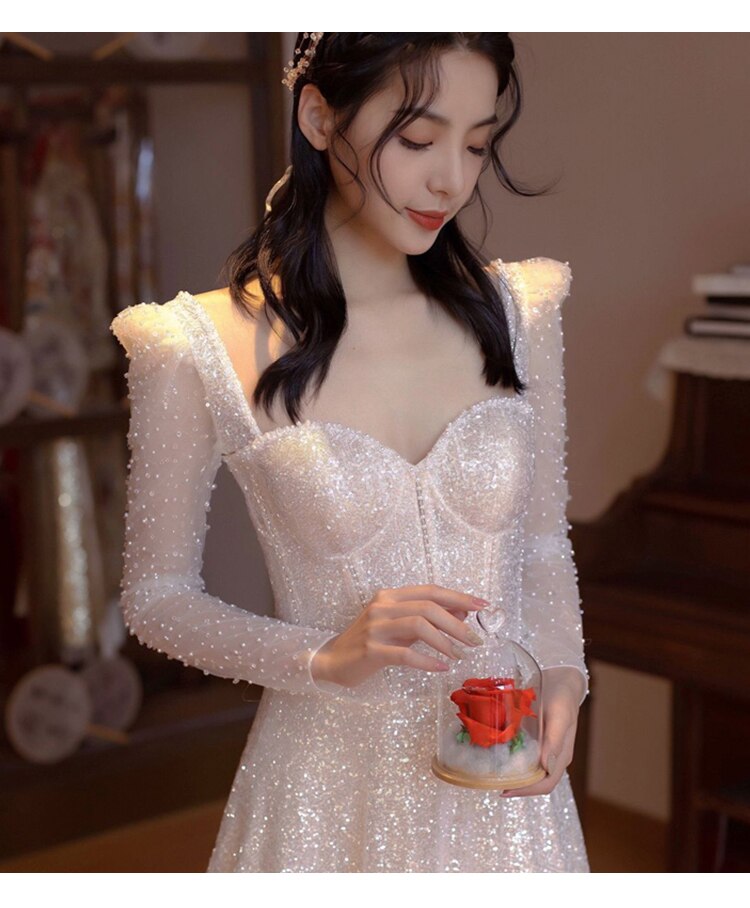 Long Sleeve Sweatheart Neck A Line Wedding Dress